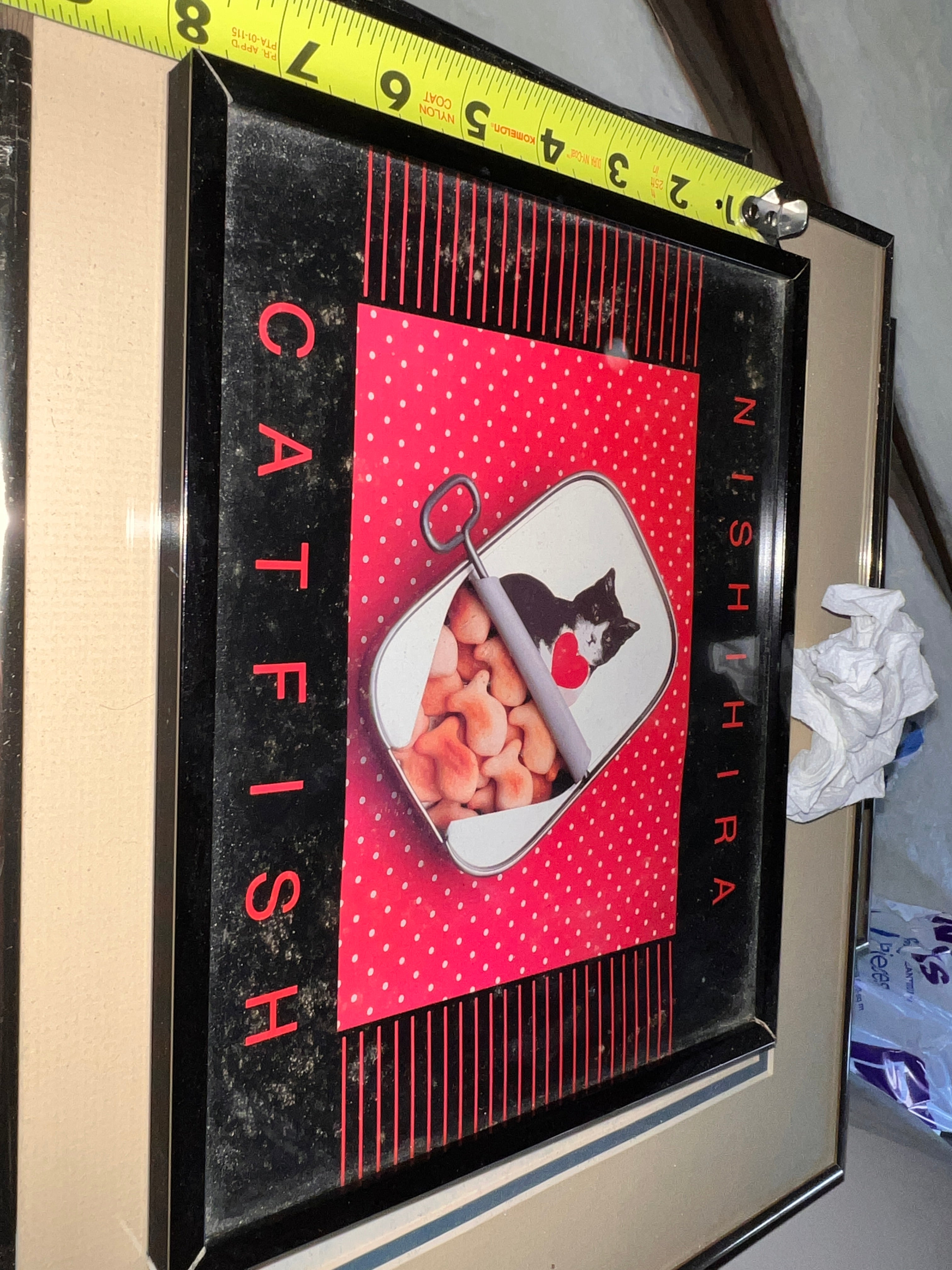 Vintage Nishihira “Catfish” Framed Print — Pop Art Cat Poster 1980s 9x10