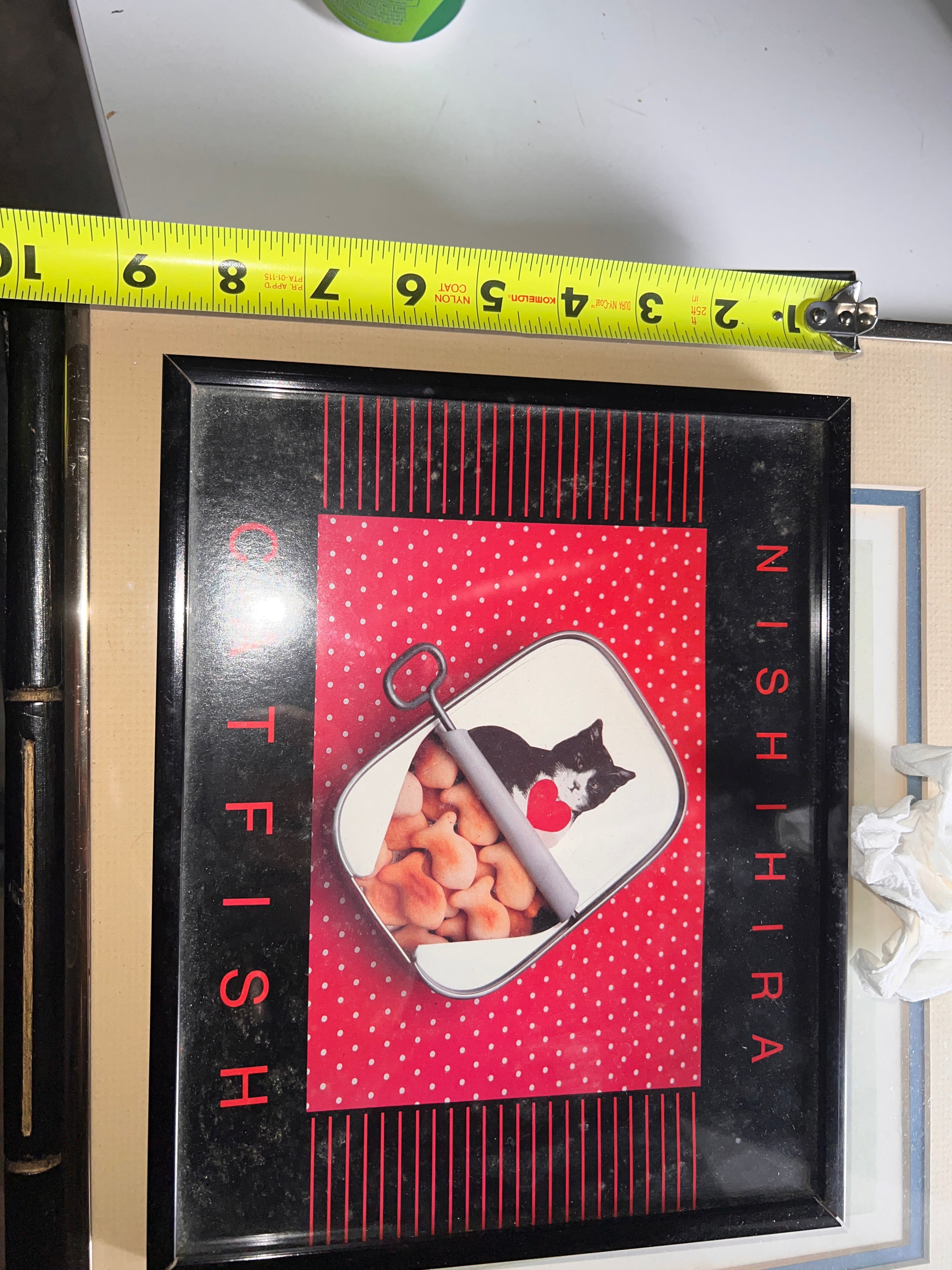 Vintage Nishihira “Catfish” Framed Print — Pop Art Cat Poster 1980s 9x10
