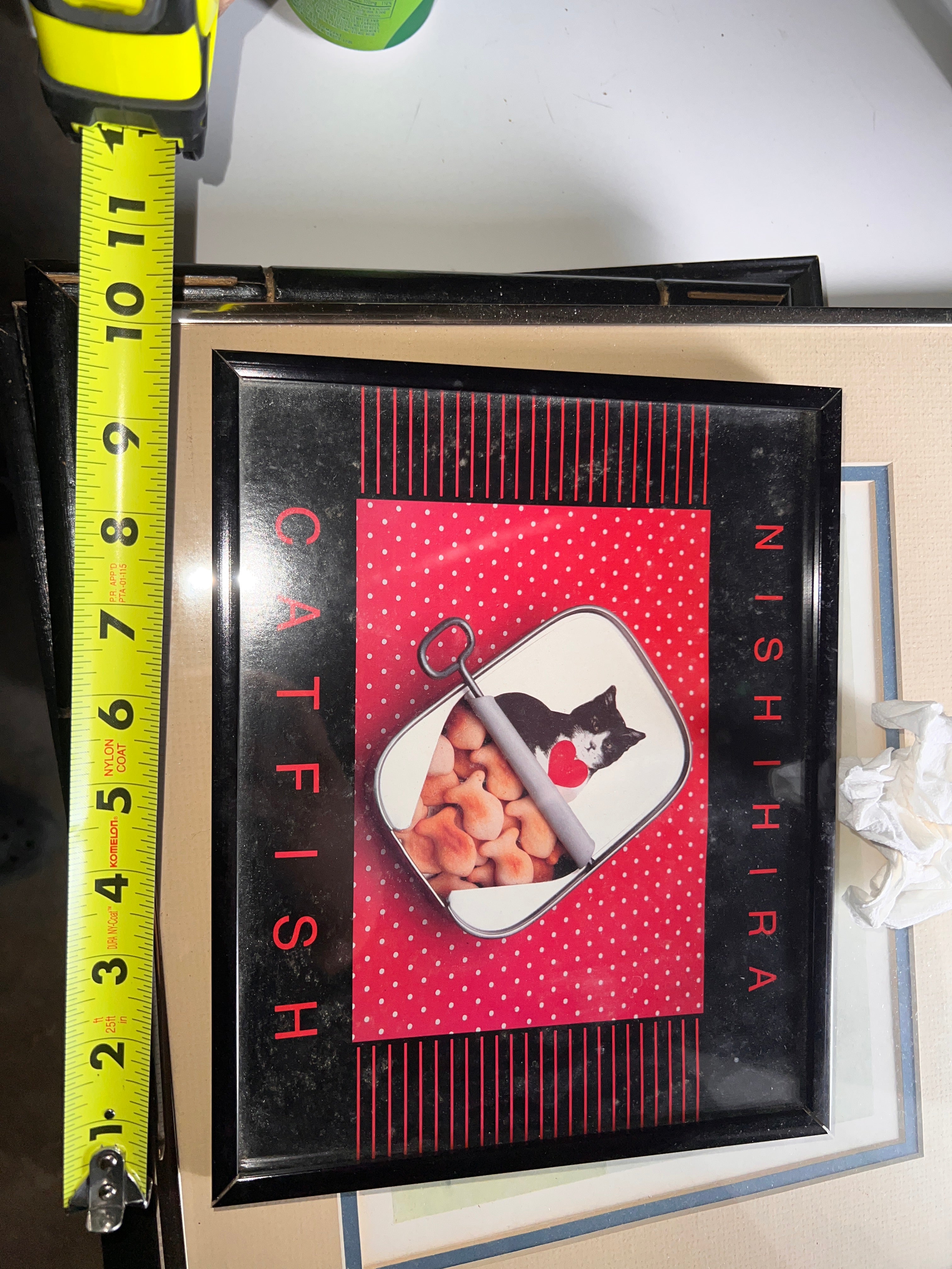 Vintage Nishihira “Catfish” Framed Print — Pop Art Cat Poster 1980s 9x10