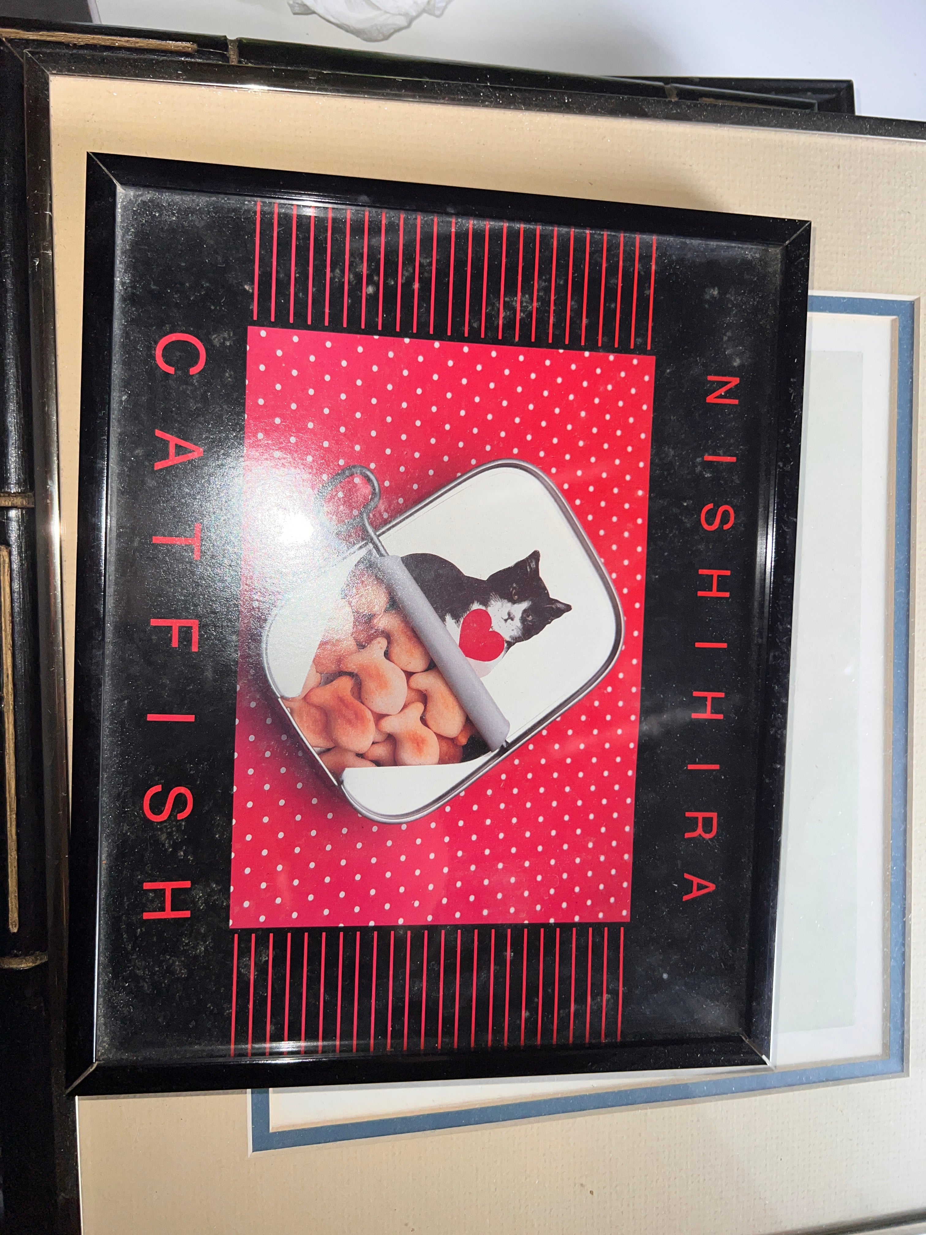 Vintage Nishihira “Catfish” Framed Print — Pop Art Cat Poster 1980s 9x10