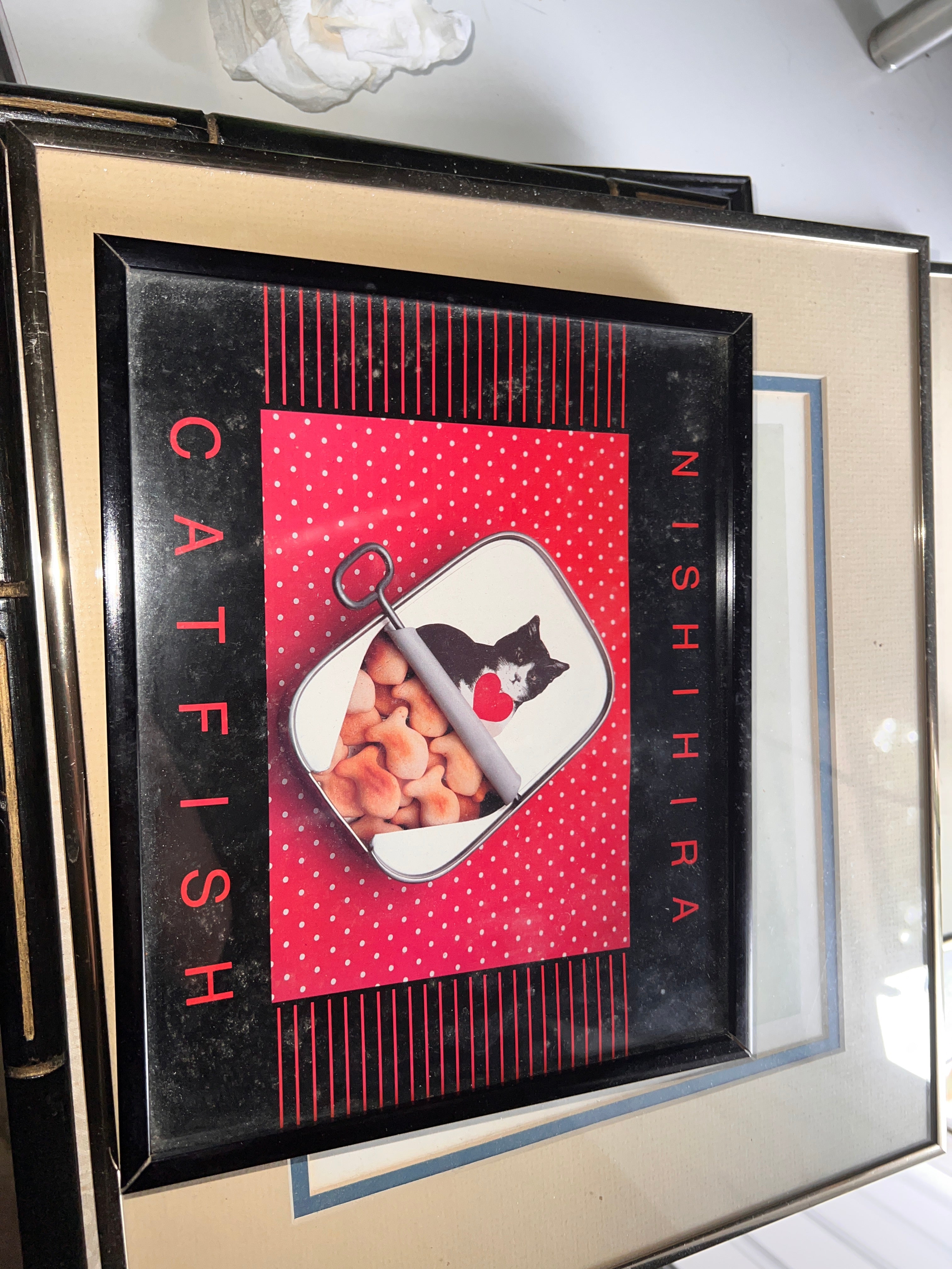 Vintage Nishihira “Catfish” Framed Print — Pop Art Cat Poster 1980s 9x10