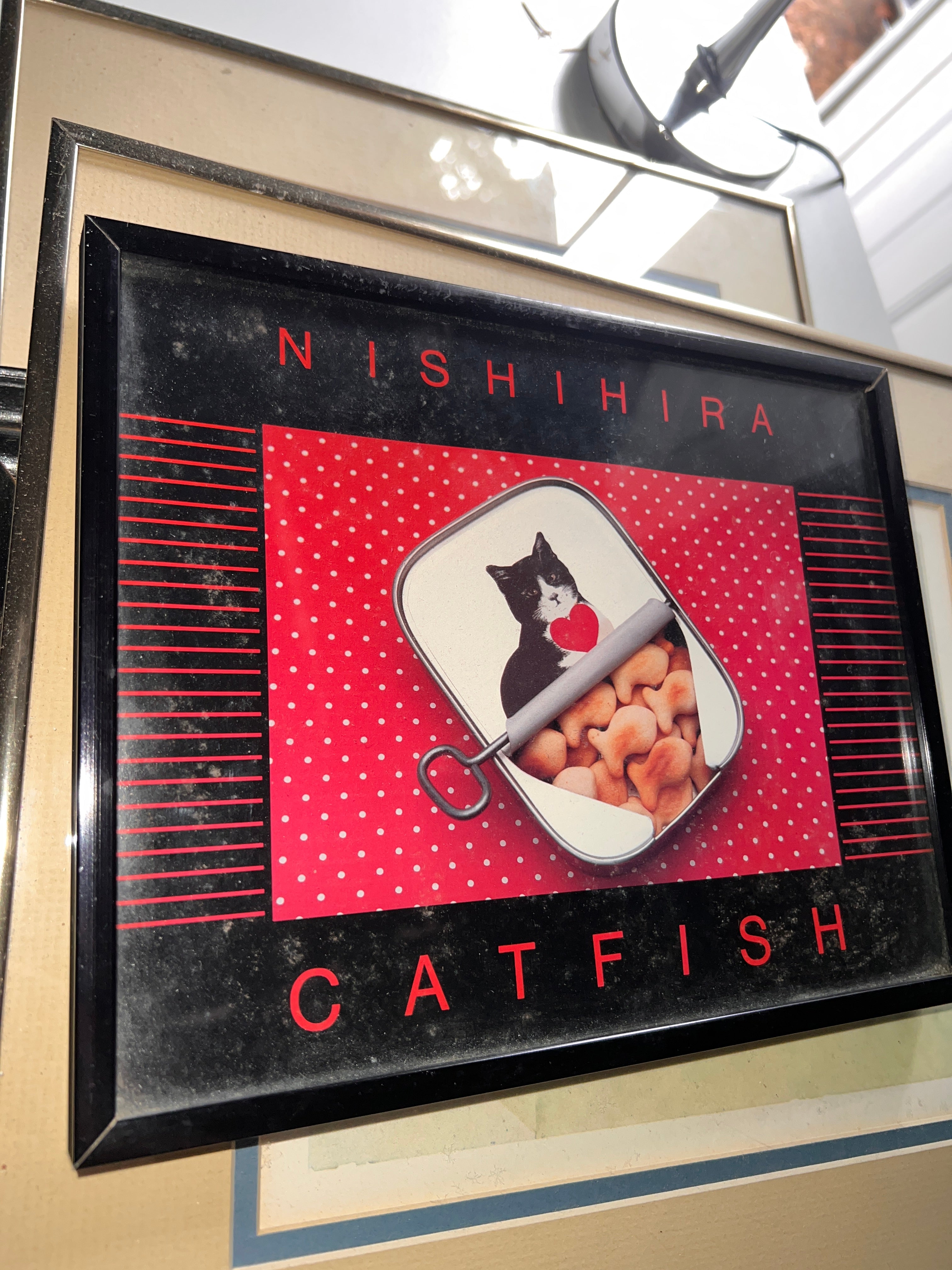 Vintage Nishihira “Catfish” Framed Print — Pop Art Cat Poster 1980s 9x10
