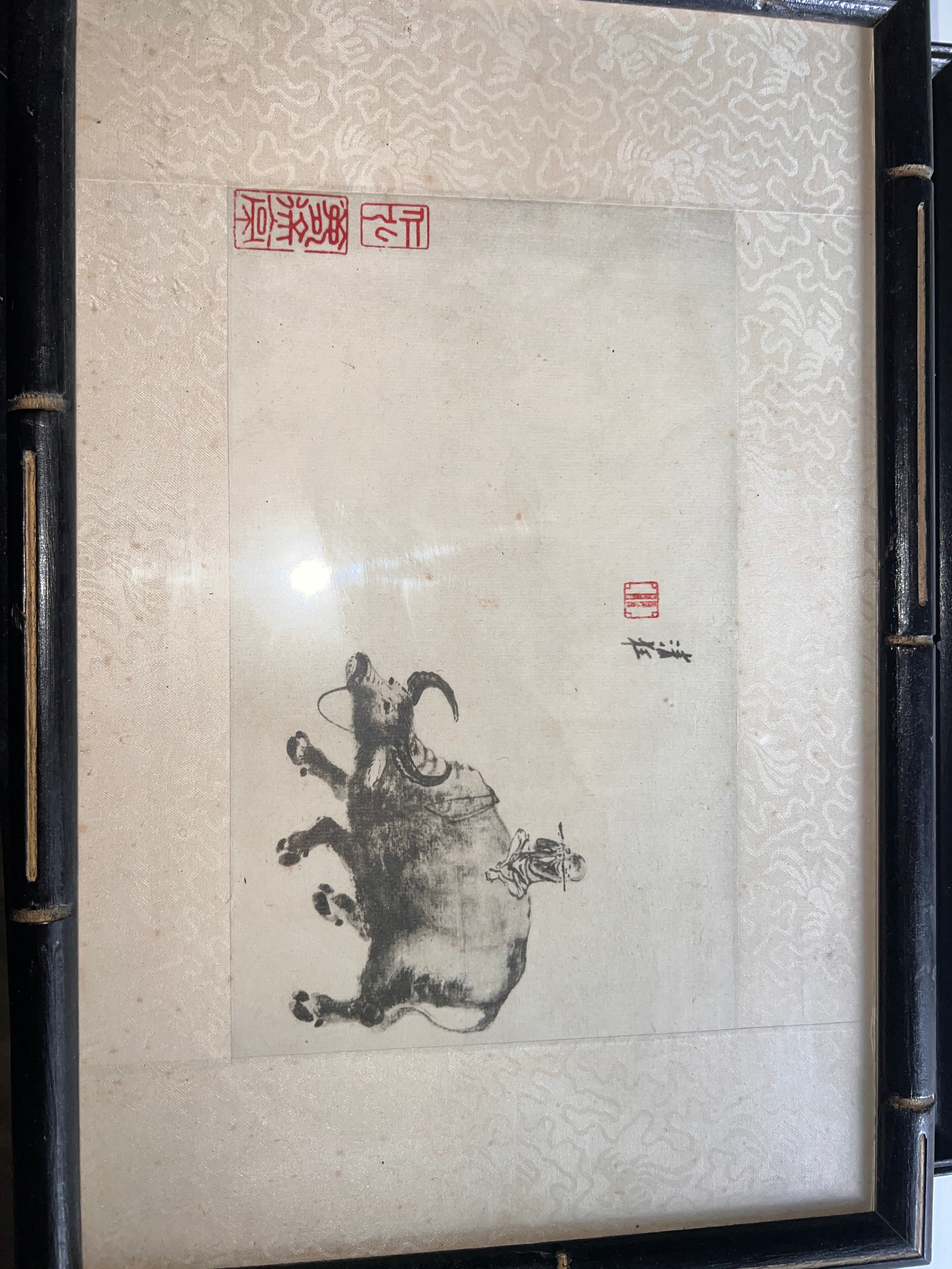 Vintage Chinese Ink Painting on Rice Paper – Boy Riding Water Buffalo – Red Seals