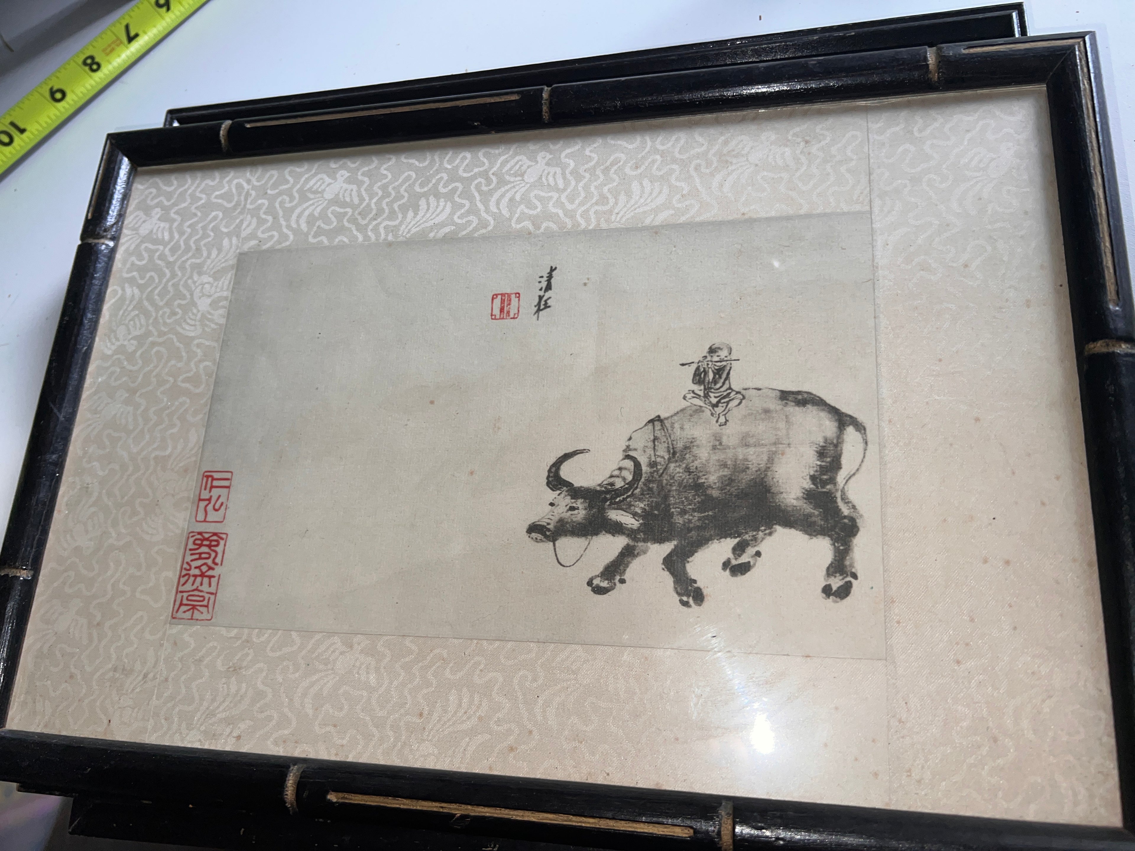 Vintage Chinese Ink Painting on Rice Paper – Boy Riding Water Buffalo – Red Seals