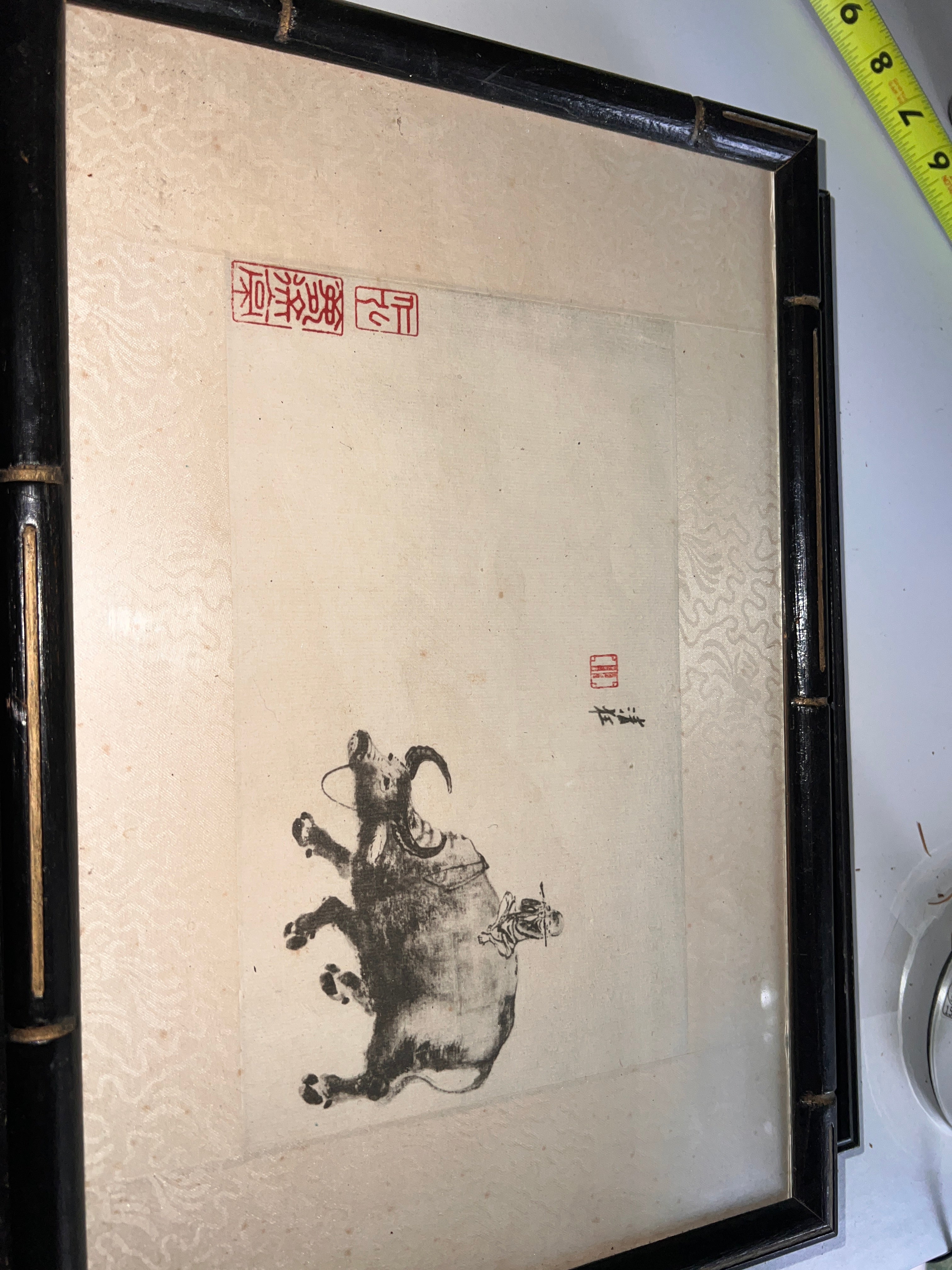 Vintage Chinese Ink Painting on Rice Paper – Boy Riding Water Buffalo – Red Seals