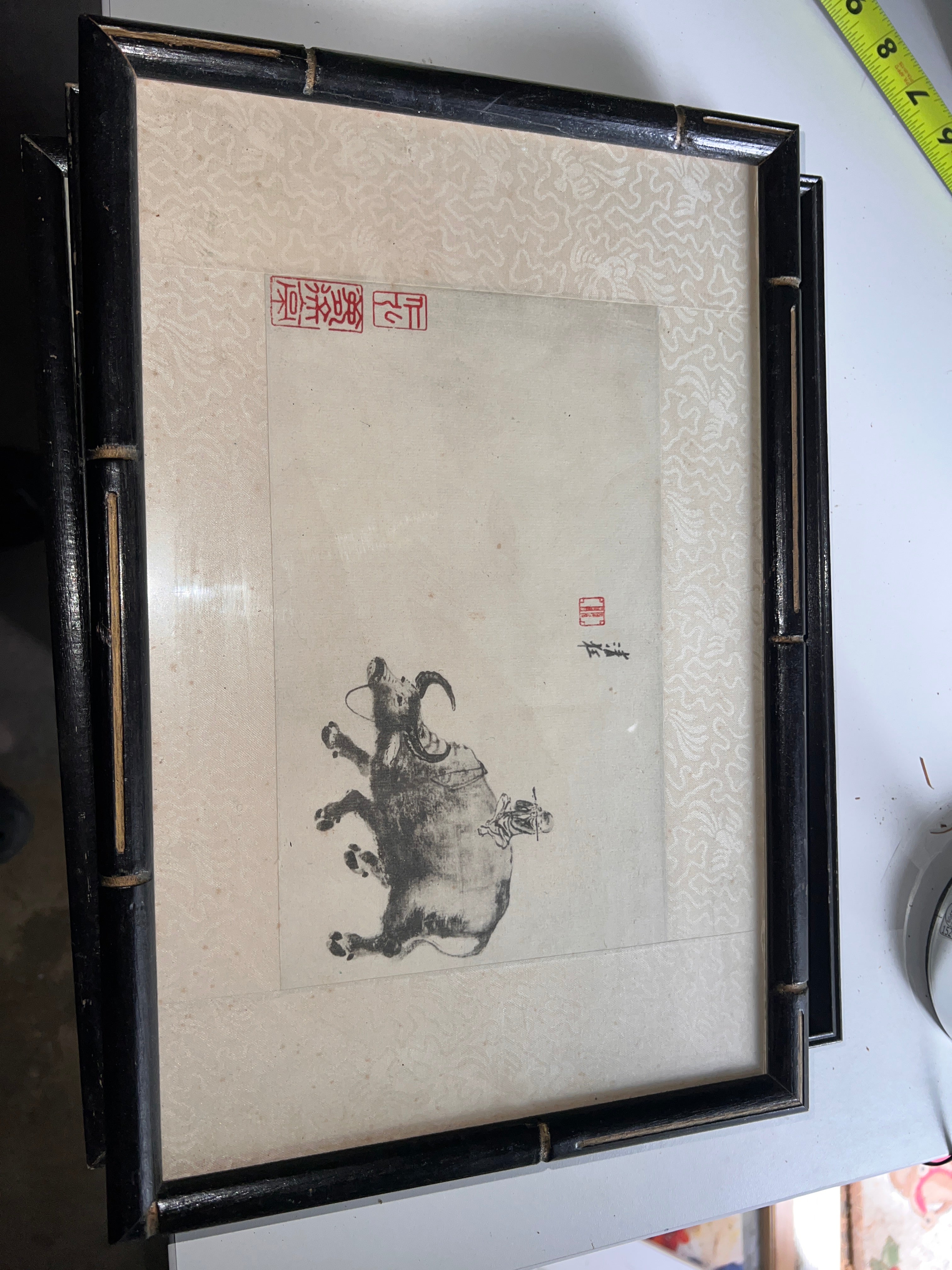Vintage Chinese Ink Painting on Rice Paper – Boy Riding Water Buffalo – Red Seals