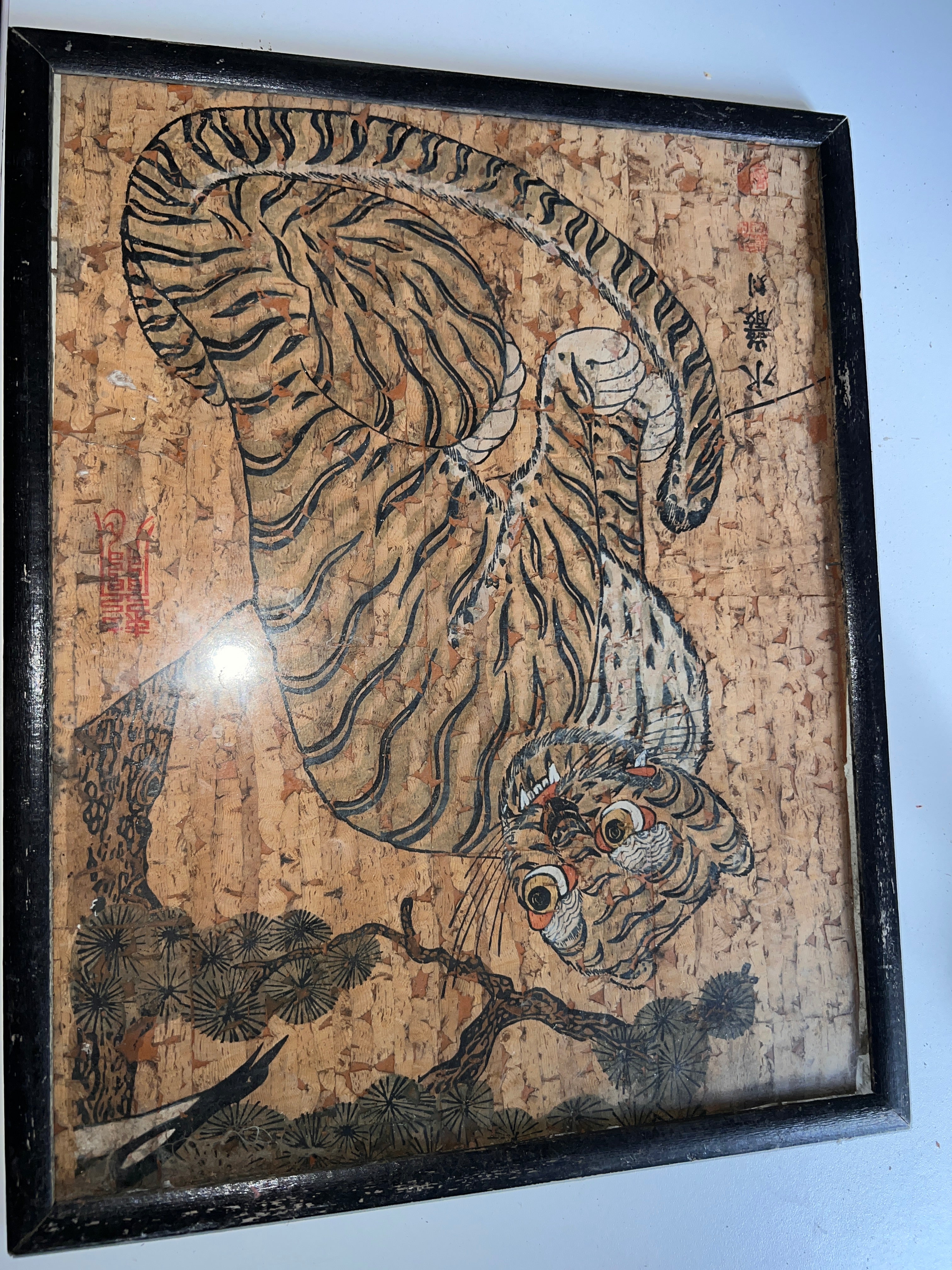 Vintage Korean Minhwa Tiger & Magpie Folk Art | Horangi wa Ggachi | 1950s–1970s Cork Painting