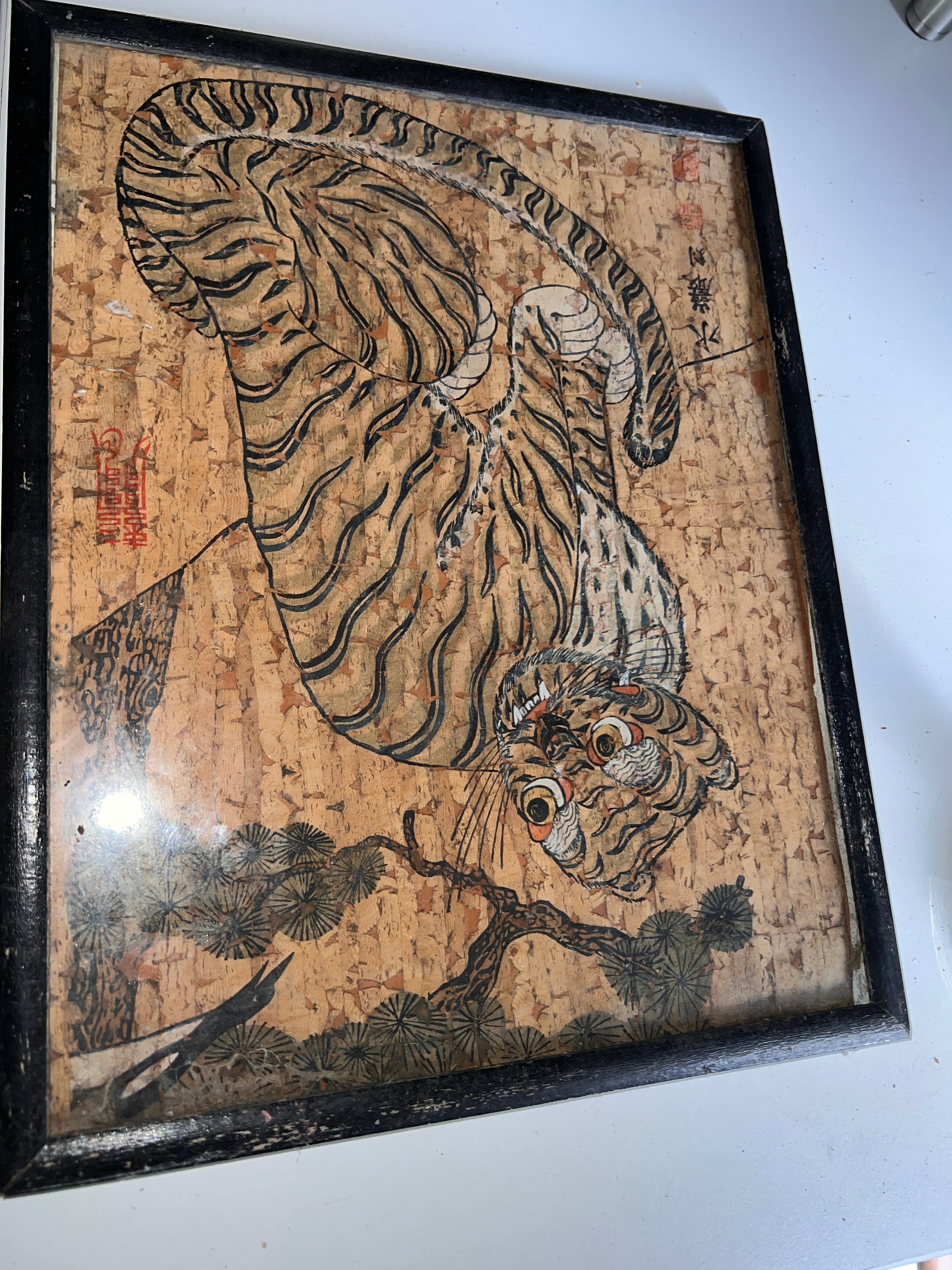 Vintage Korean Minhwa Tiger & Magpie Folk Art | Horangi wa Ggachi | 1950s–1970s Cork Painting