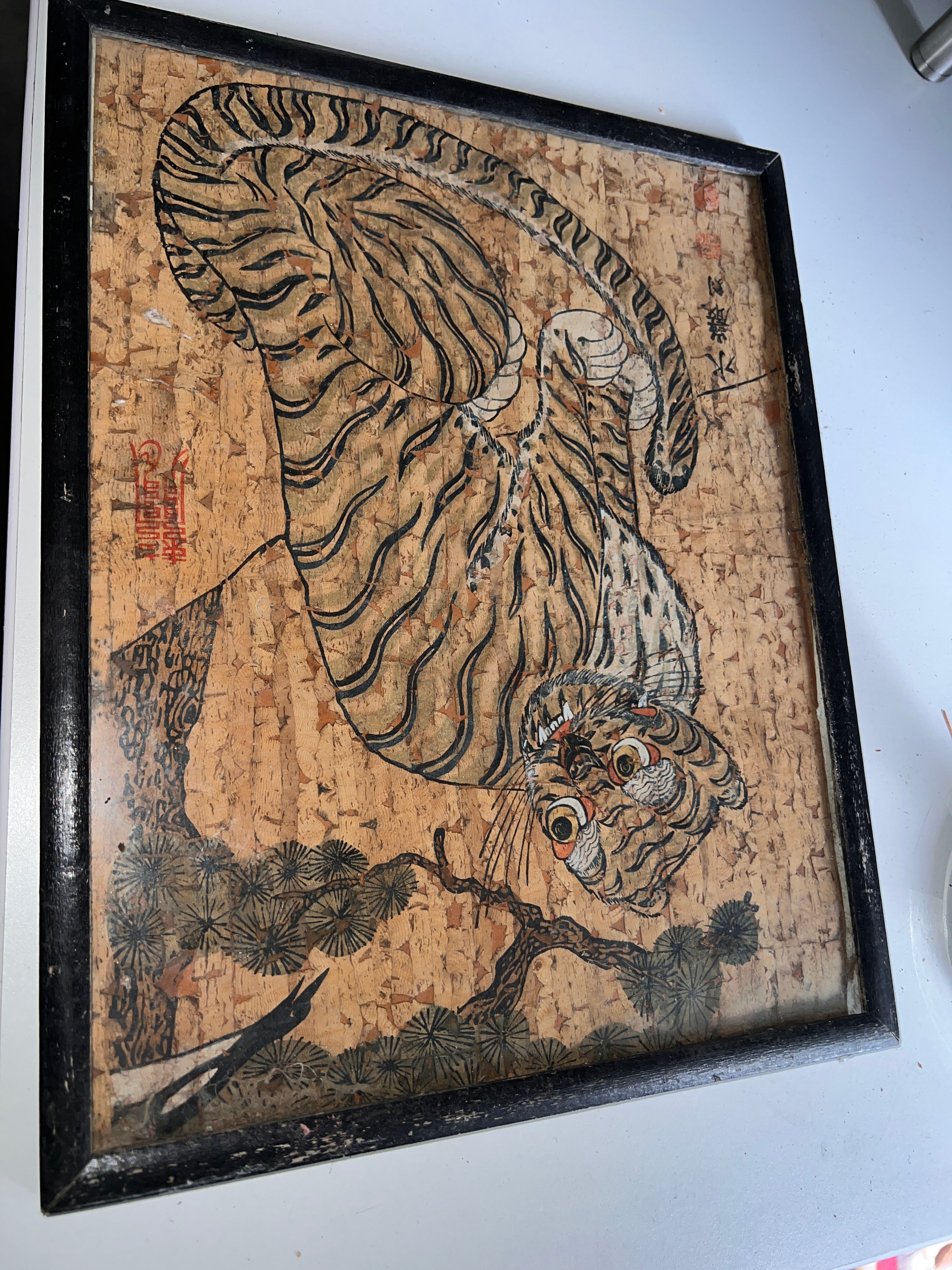 Vintage Korean Minhwa Tiger & Magpie Folk Art | Horangi wa Ggachi | 1950s–1970s Cork Painting