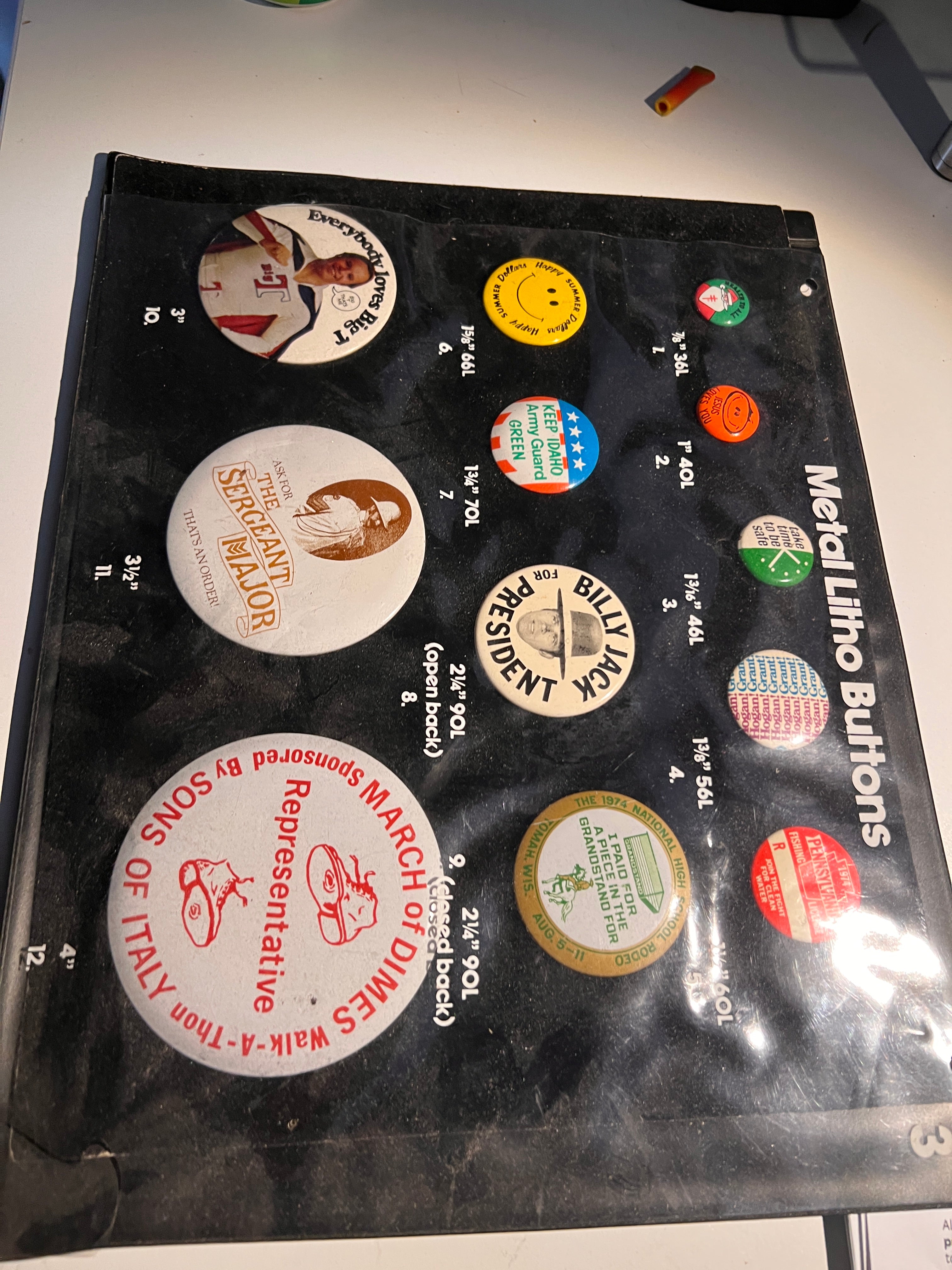 Vintage Metal Litho Pinback Button Lot (12) – 1970s–1980s Promo Political March of Dimes Billy Jack