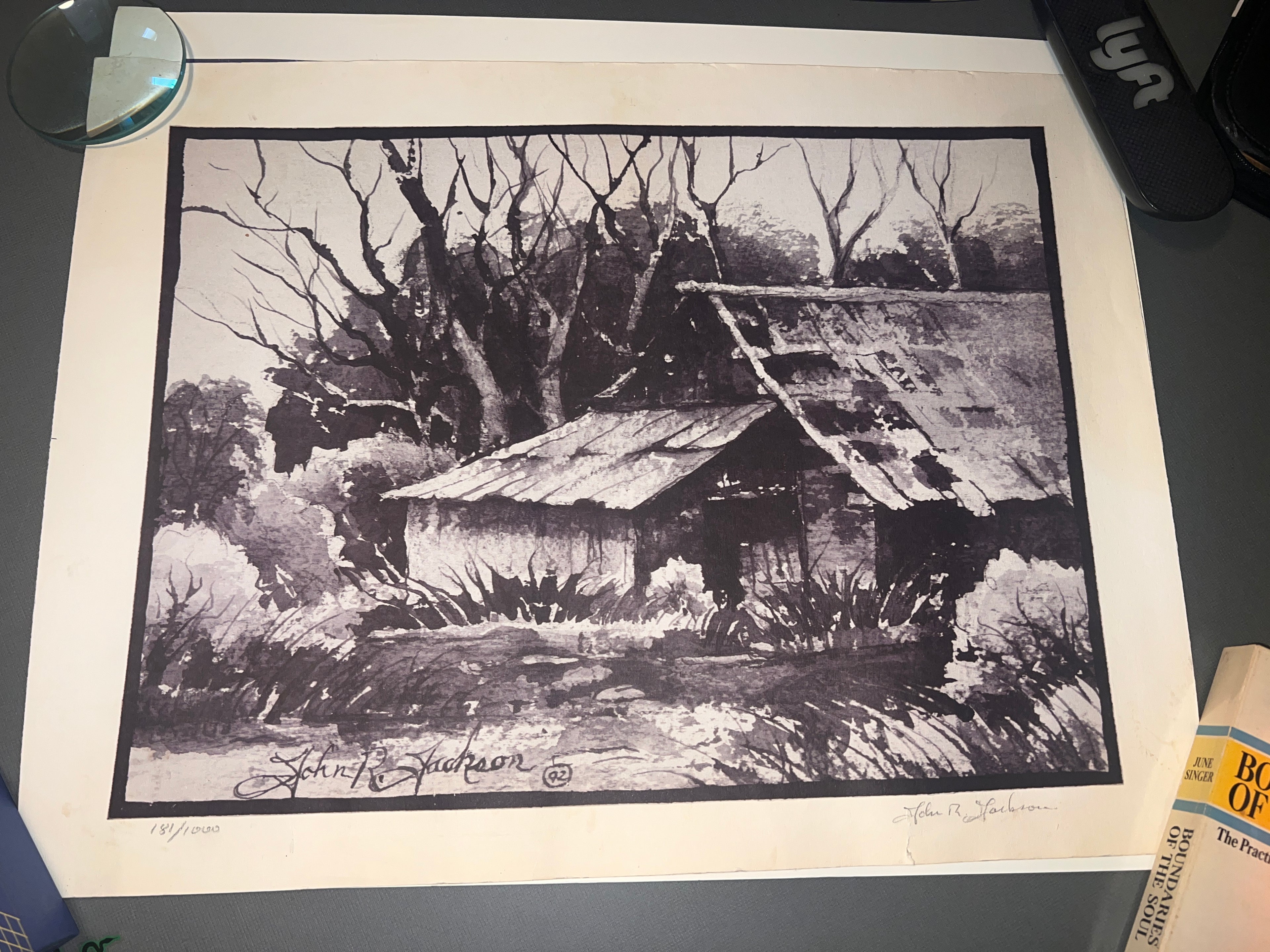 John R Jackson Art signed Rustic Cabin 23x17.5!