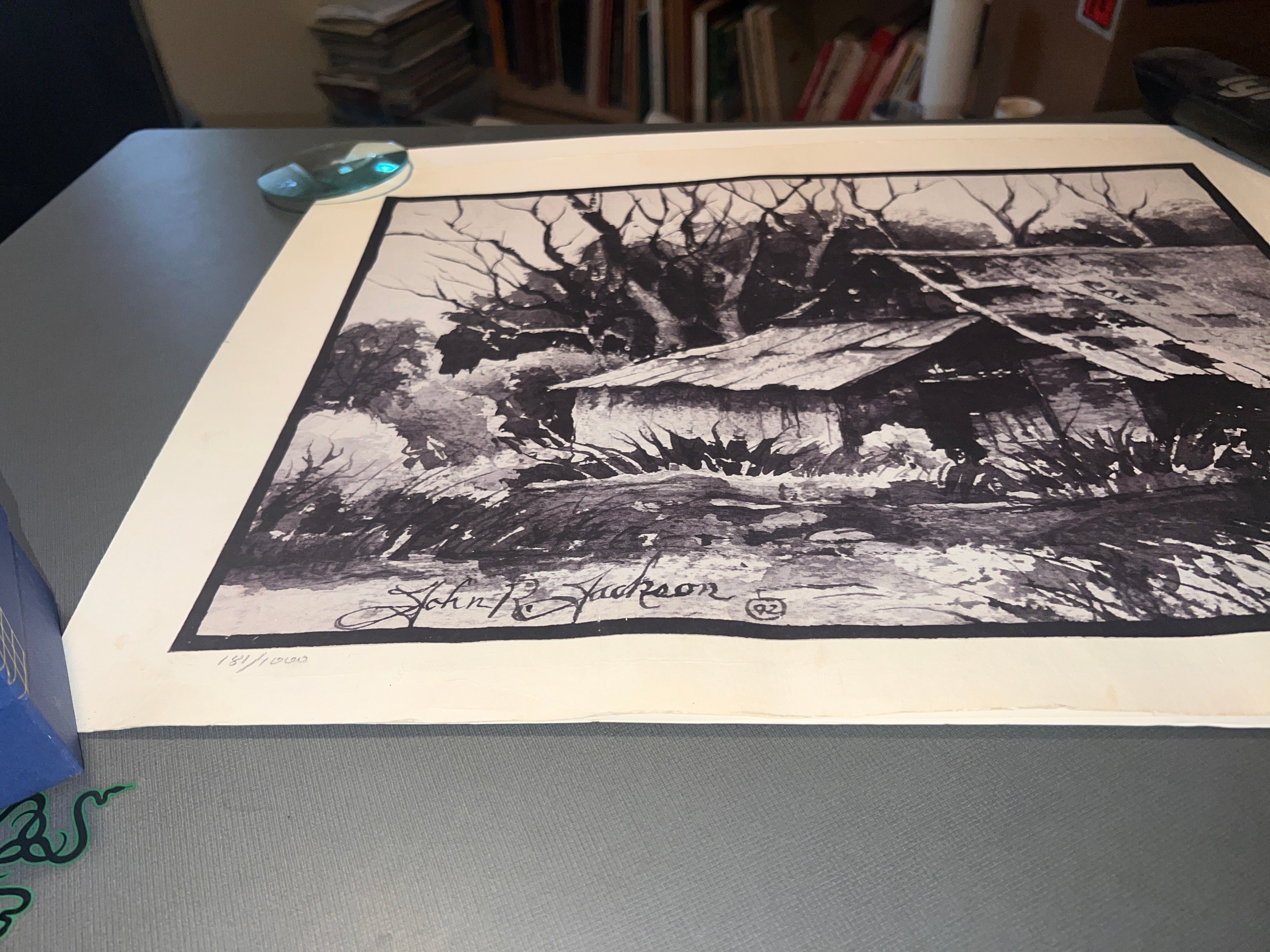 John R Jackson Art signed Rustic Cabin 23x17.5!