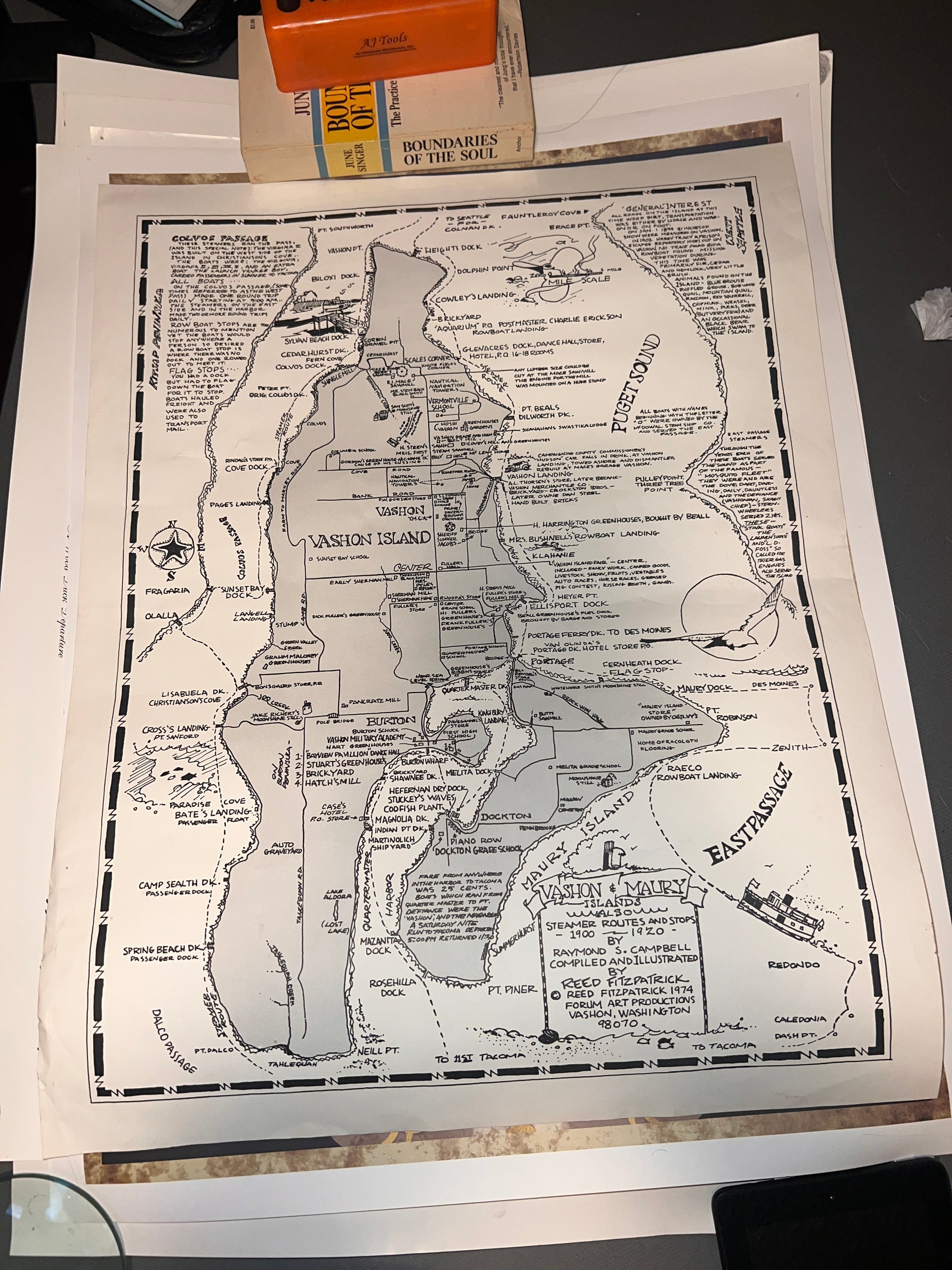 Vashon Island Reed Fitzpatrick 1974 Vashon and Maury Islands Rare Antique Map Poster