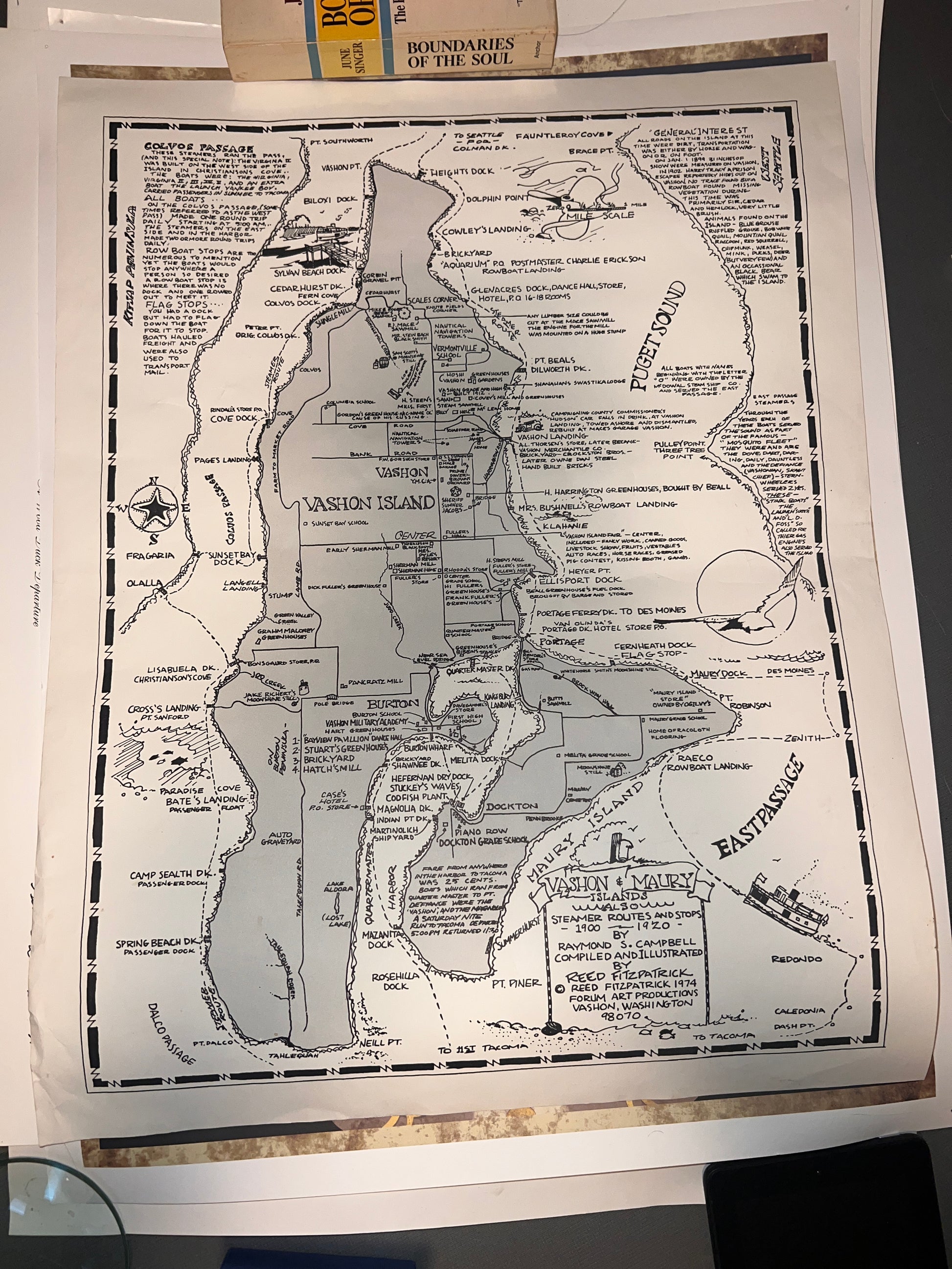 Vashon Island Reed Fitzpatrick 1974 Vashon and Maury Islands Rare Antique Map Poster