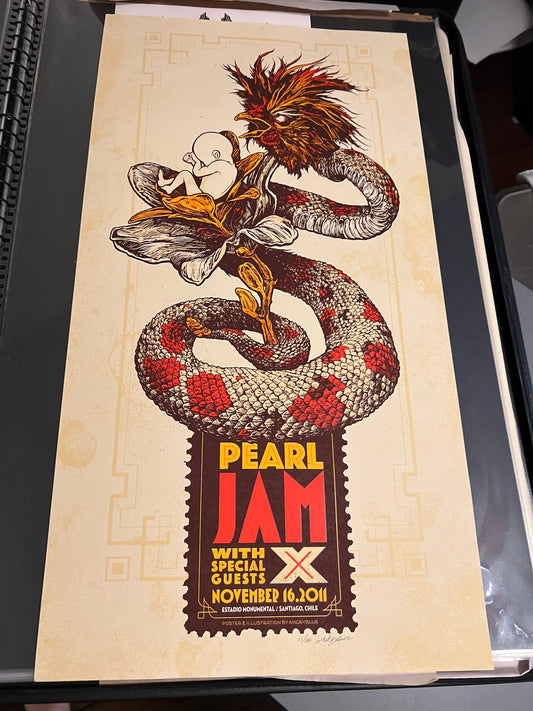 Pearl Jam 2011 Chile angryblue Poster Signed SN!  18.5x35.5!