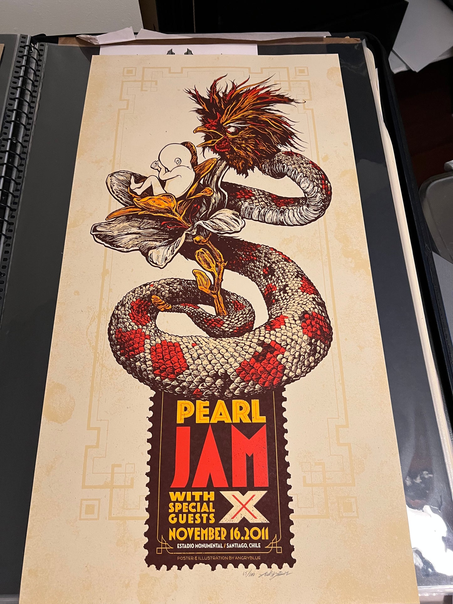 Pearl Jam 2011 Chile angryblue Poster Signed SN!  18.5x35.5!