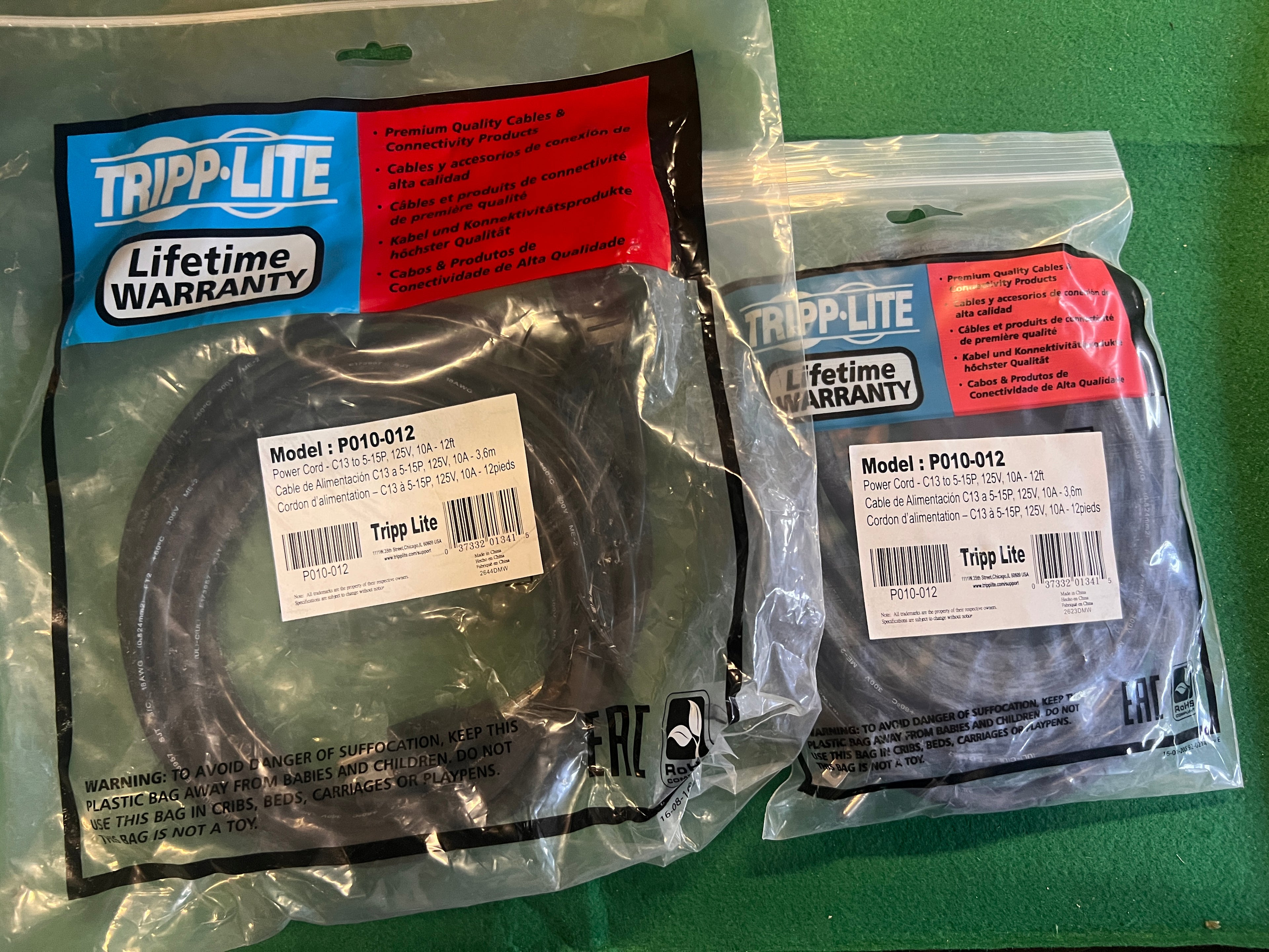 Lot of 2 Tripp-Lite P010-012 Power Cord C13 to 5-15P, 125V, 10A, 12ft