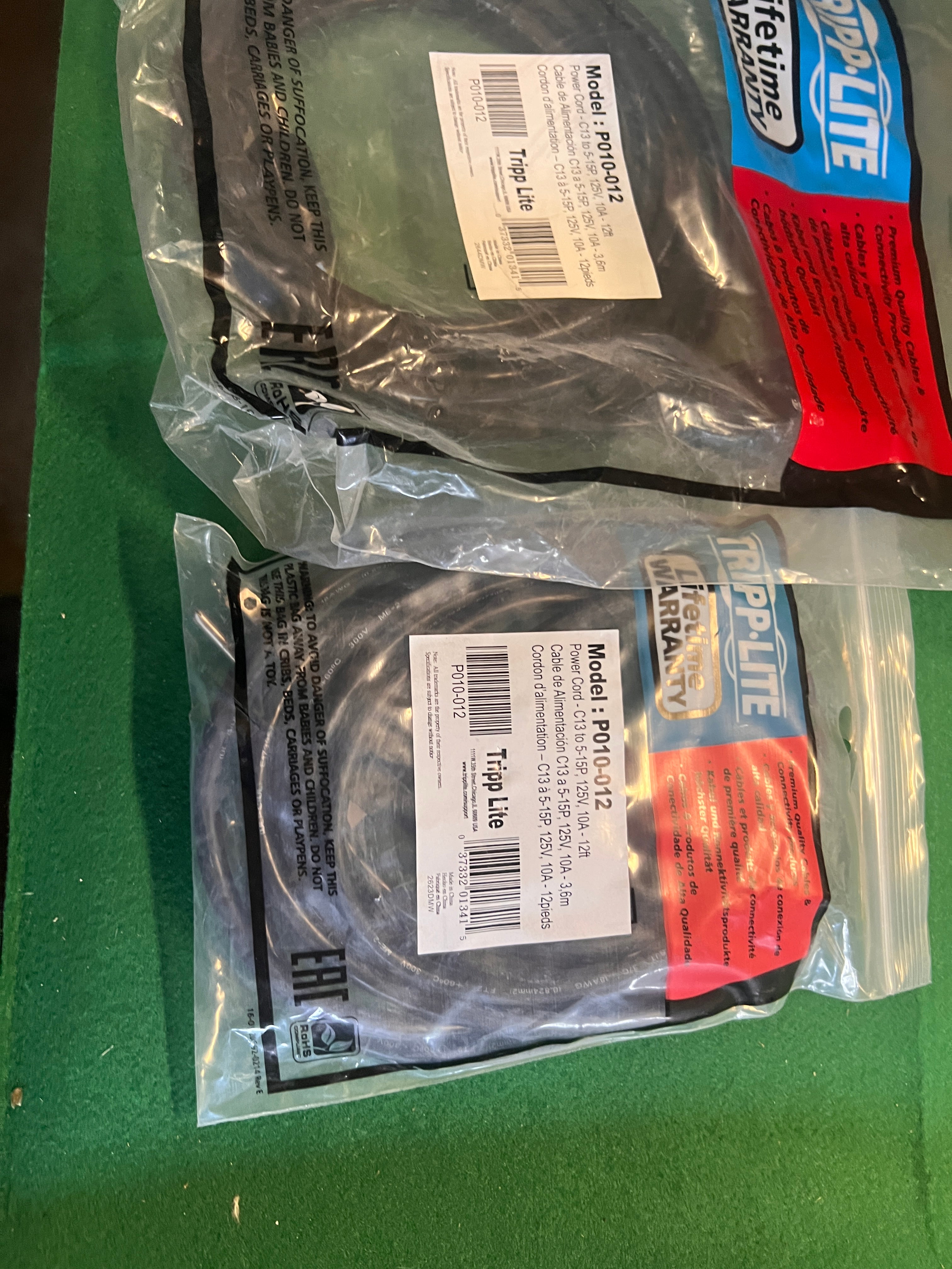 Lot of 2 Tripp-Lite P010-012 Power Cord C13 to 5-15P, 125V, 10A, 12ft