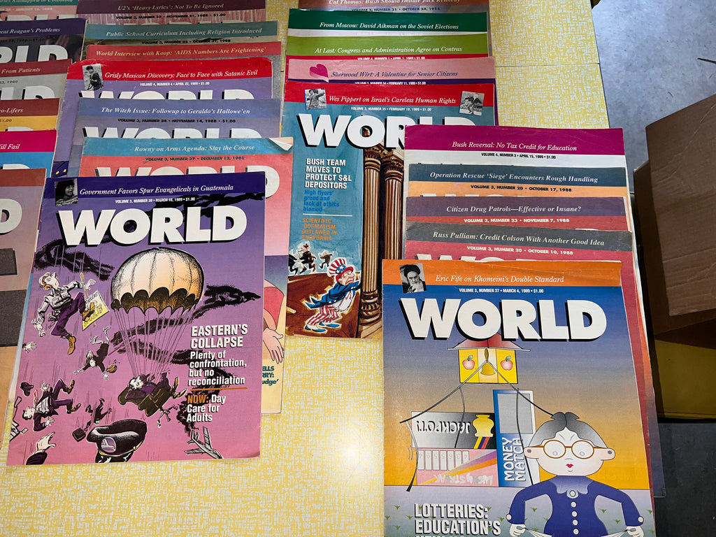 Bundle of 21 WORLD Christian News magazines from 1988-1989