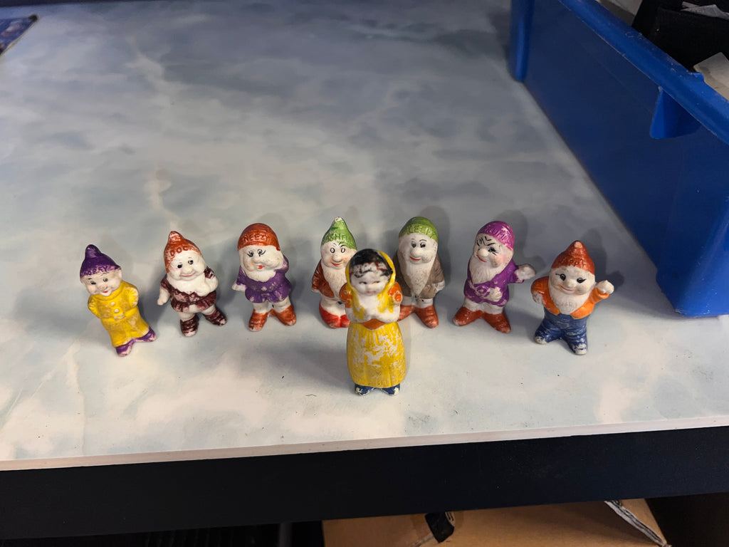 Antique Snow White and 7 Dwarfs Bisque Figures made in Japan and Wade of England!