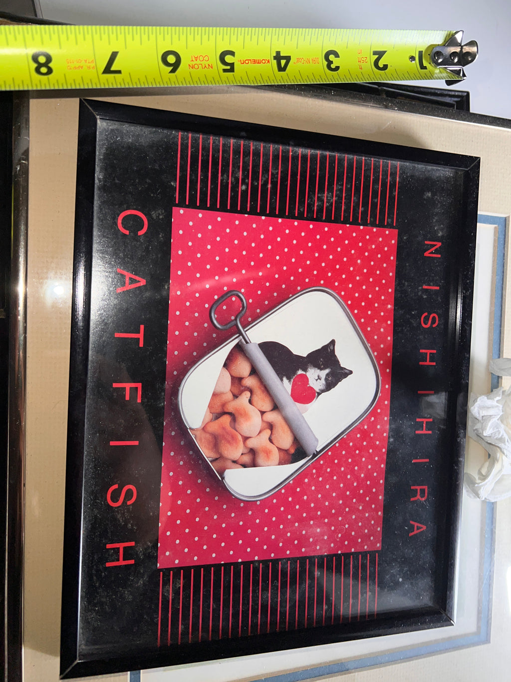 Vintage Nishihira “Catfish” Framed Print — Pop Art Cat Poster 1980s 9x10