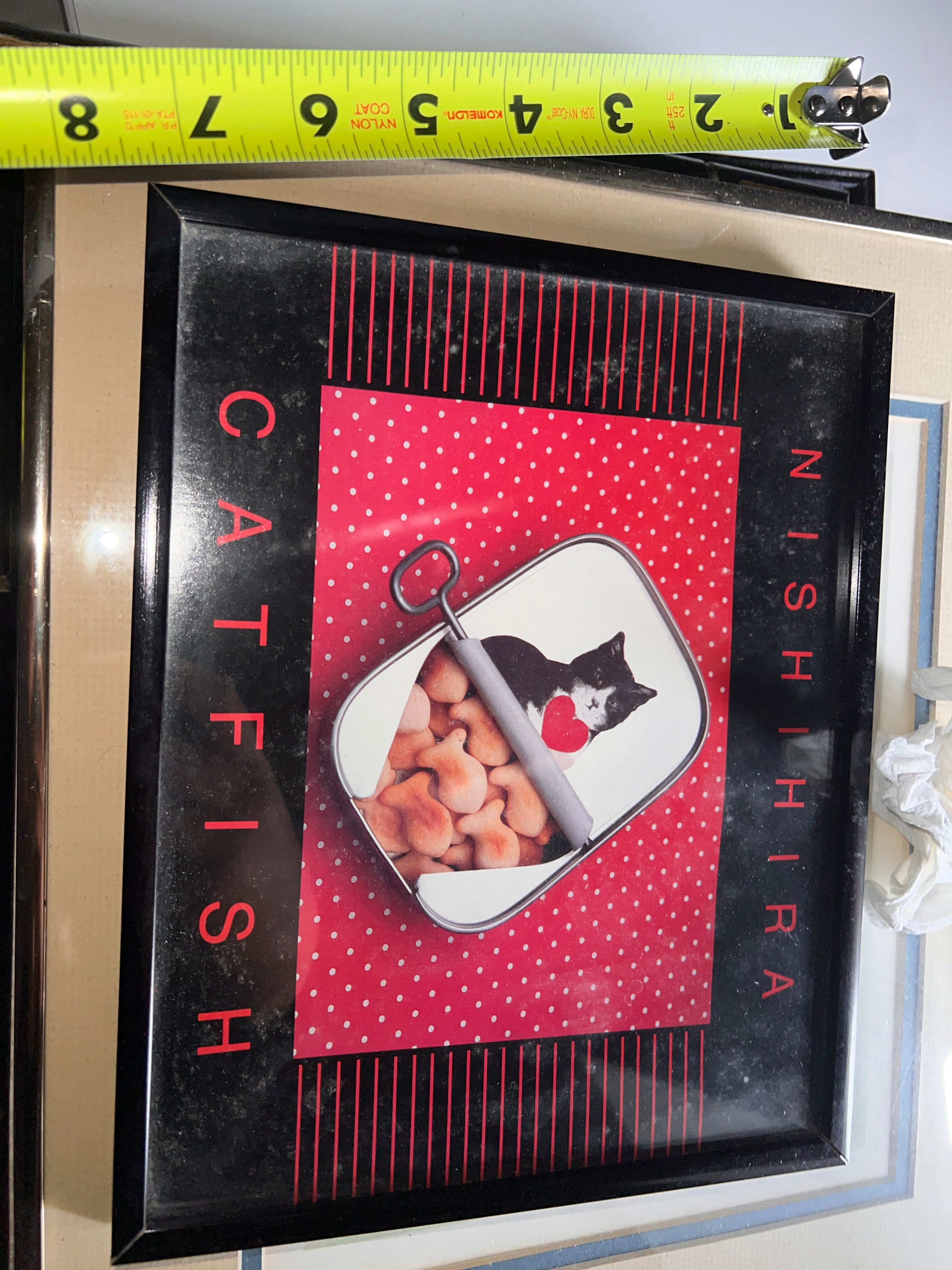 Vintage Nishihira “Catfish” Framed Print — Pop Art Cat Poster 1980s 9x10