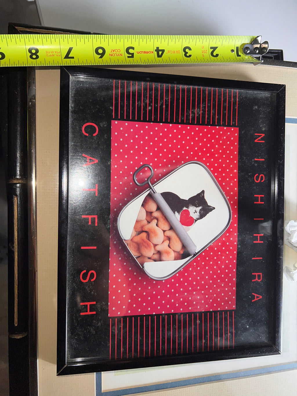 Vintage Nishihira “Catfish” Framed Print — Pop Art Cat Poster 1980s 9x10