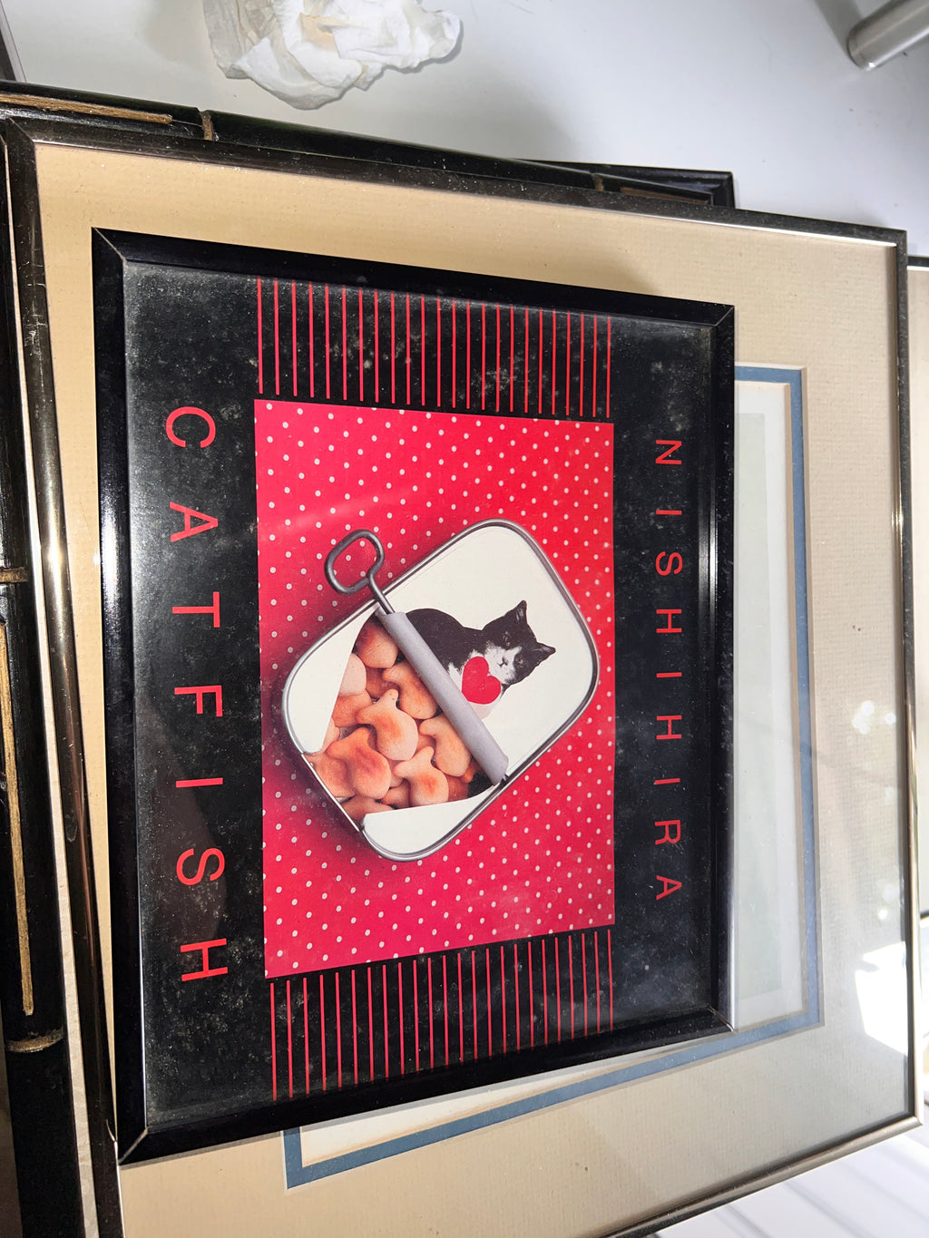 Vintage Nishihira “Catfish” Framed Print — Pop Art Cat Poster 1980s 9x10