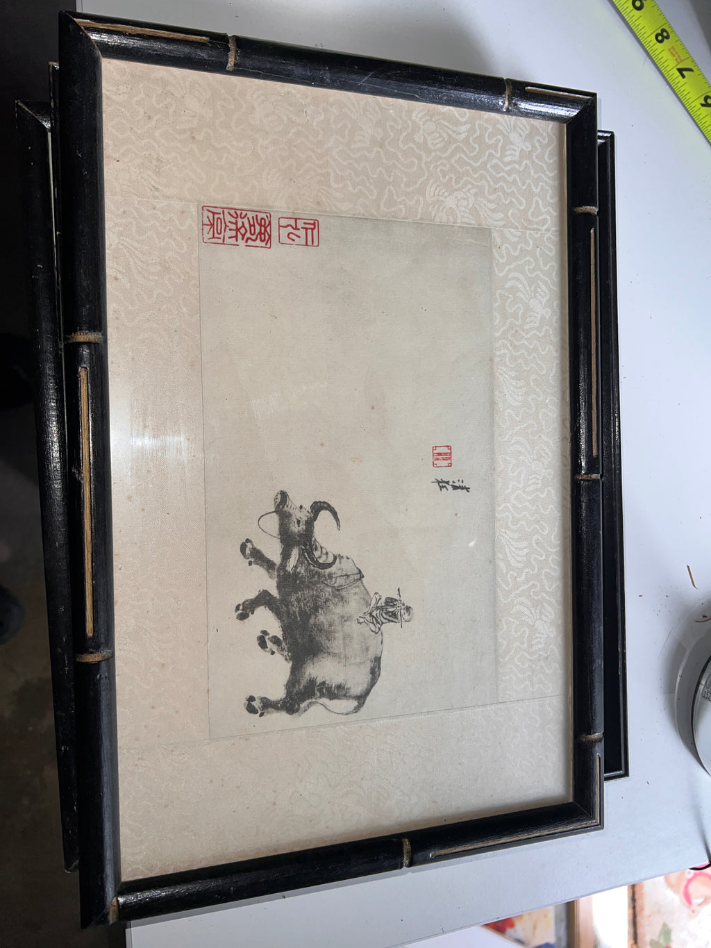 Vintage Chinese Ink Painting on Rice Paper – Boy Riding Water Buffalo – Red Seals