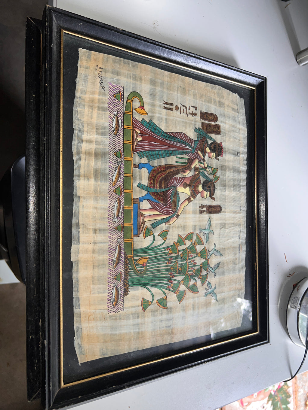 Hand-Painted Egyptian Papyrus Painting — Vintage Pharaoh & Queen Scene 12x15