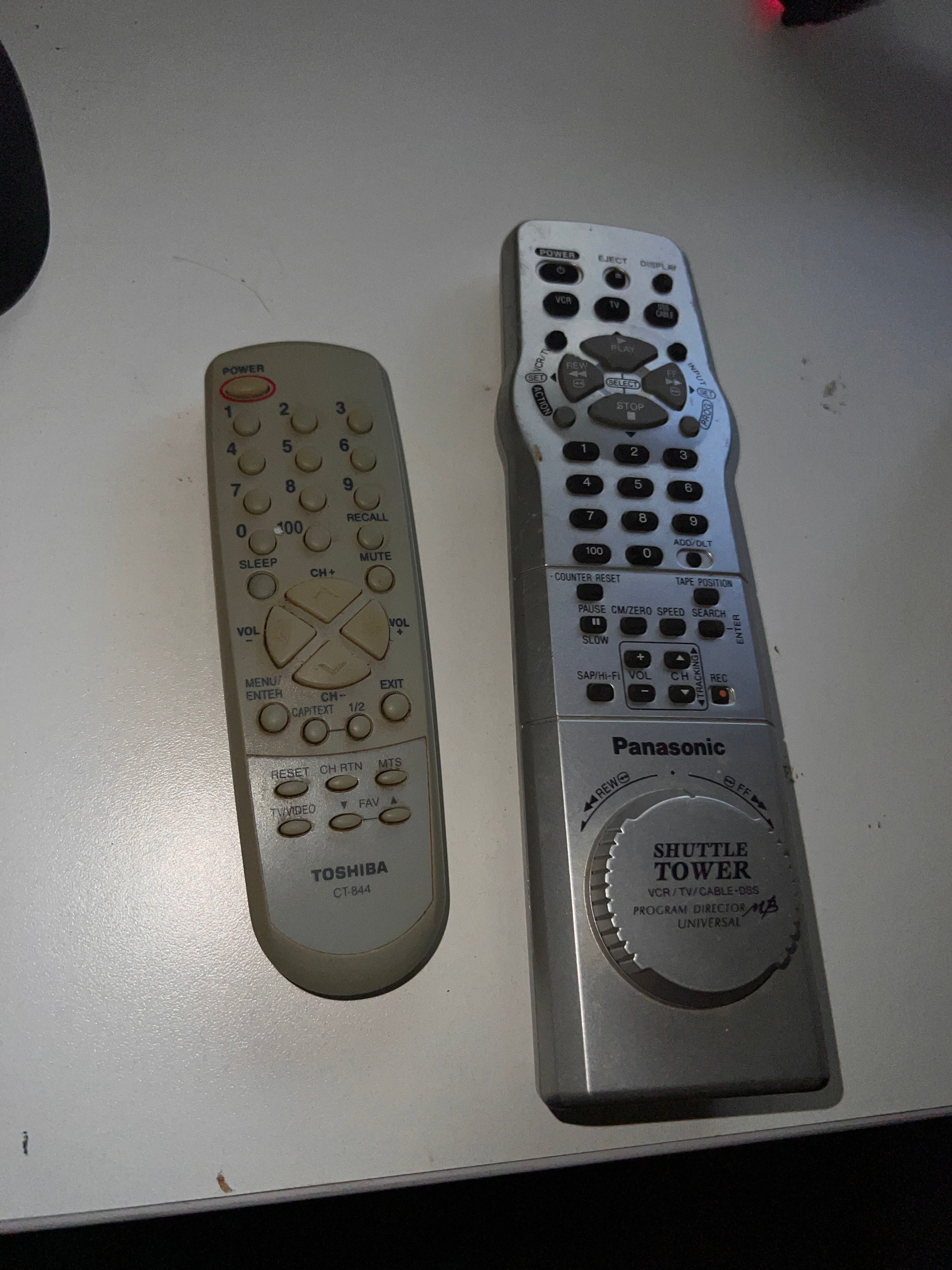 Toshiba CT-844 and Panasonic Shuttle Tower Director TV Remote controls