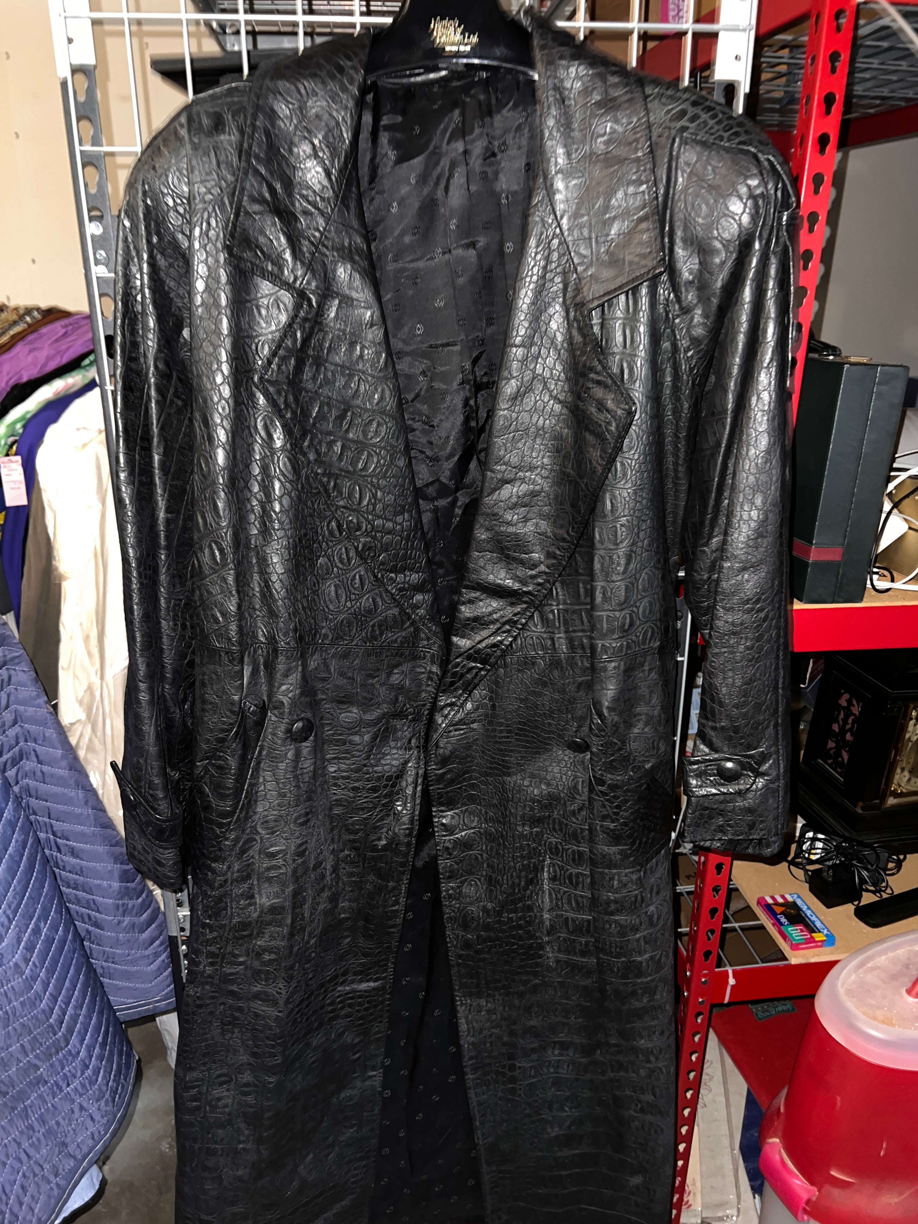 JK Collections New York Crocodile Black leather Trench Coat Mens 42