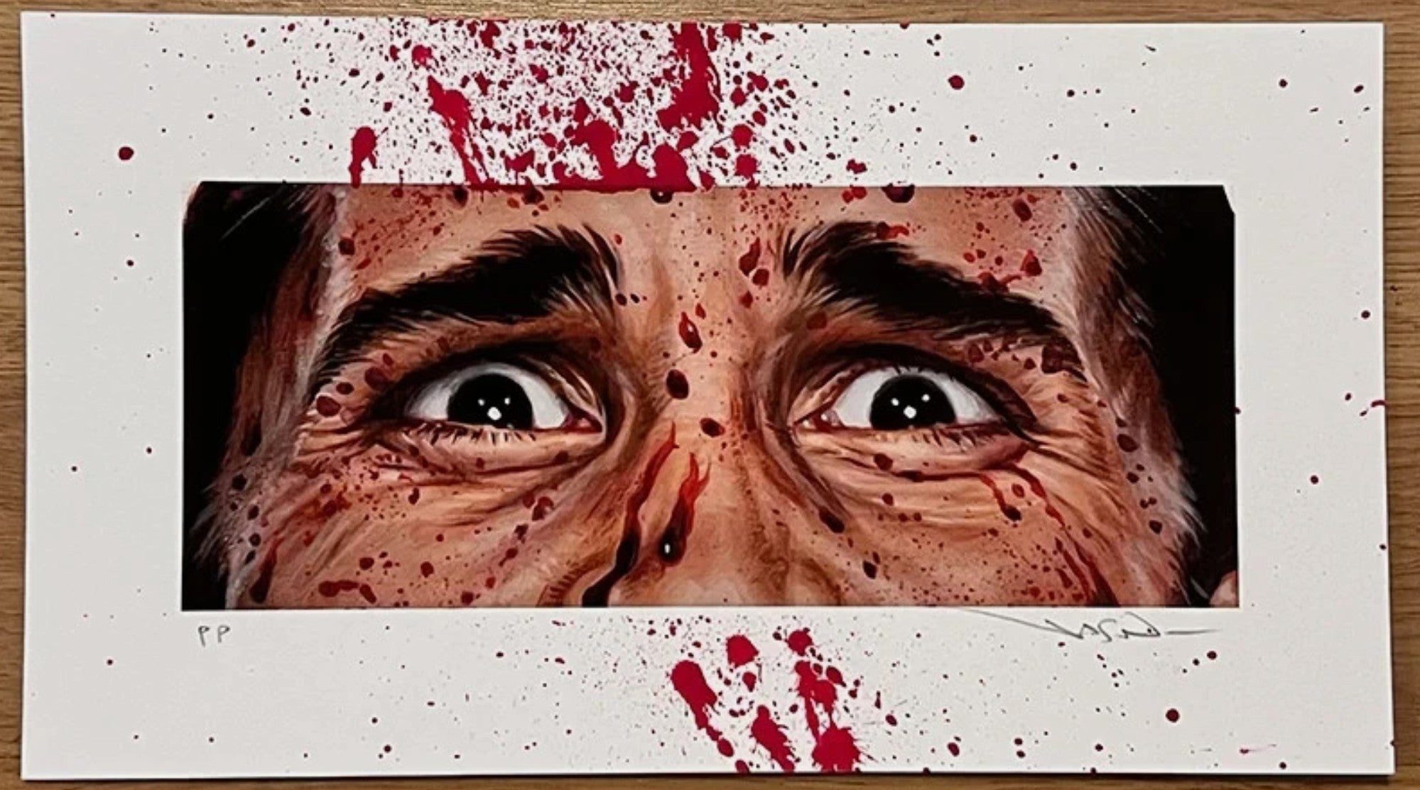 "Huey Lewis" - 9" x 5" "bloody" embellished art AMERICAN PSYCHO SIGNED - OOS!