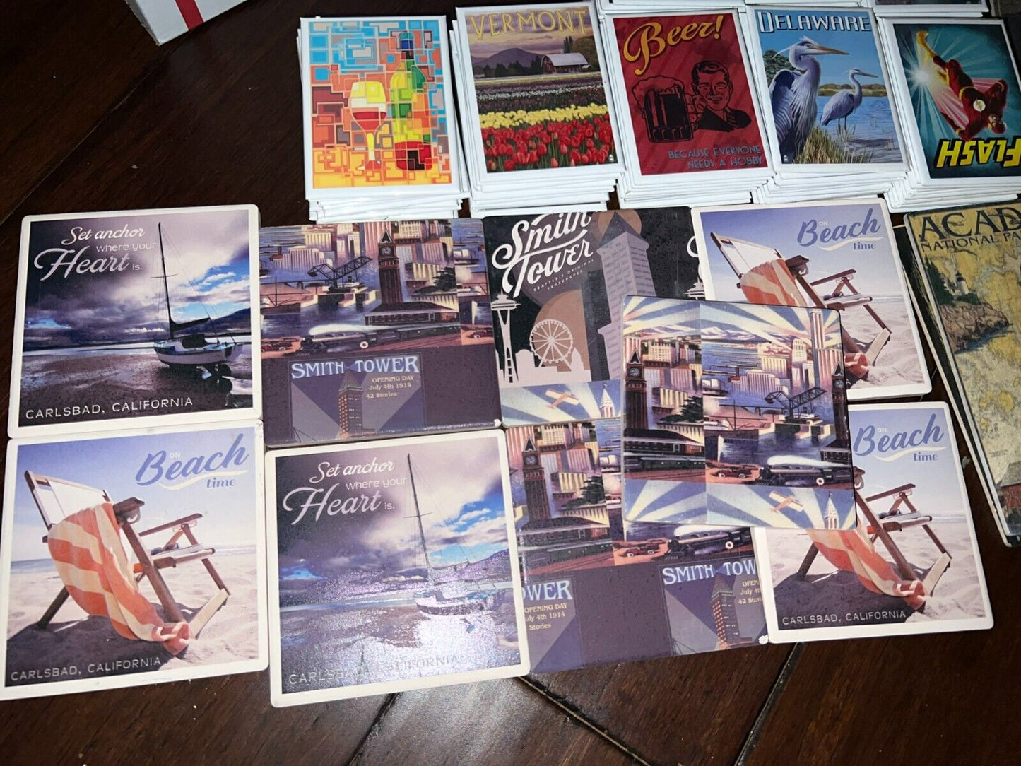 Seattle Coasters and Assorted New Refrigerator Magnet Postcards