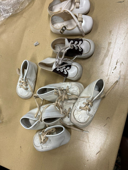 Vintage Lot of white Leather Infant Child or Doll Shoes and Baby Deer Shoes Lot